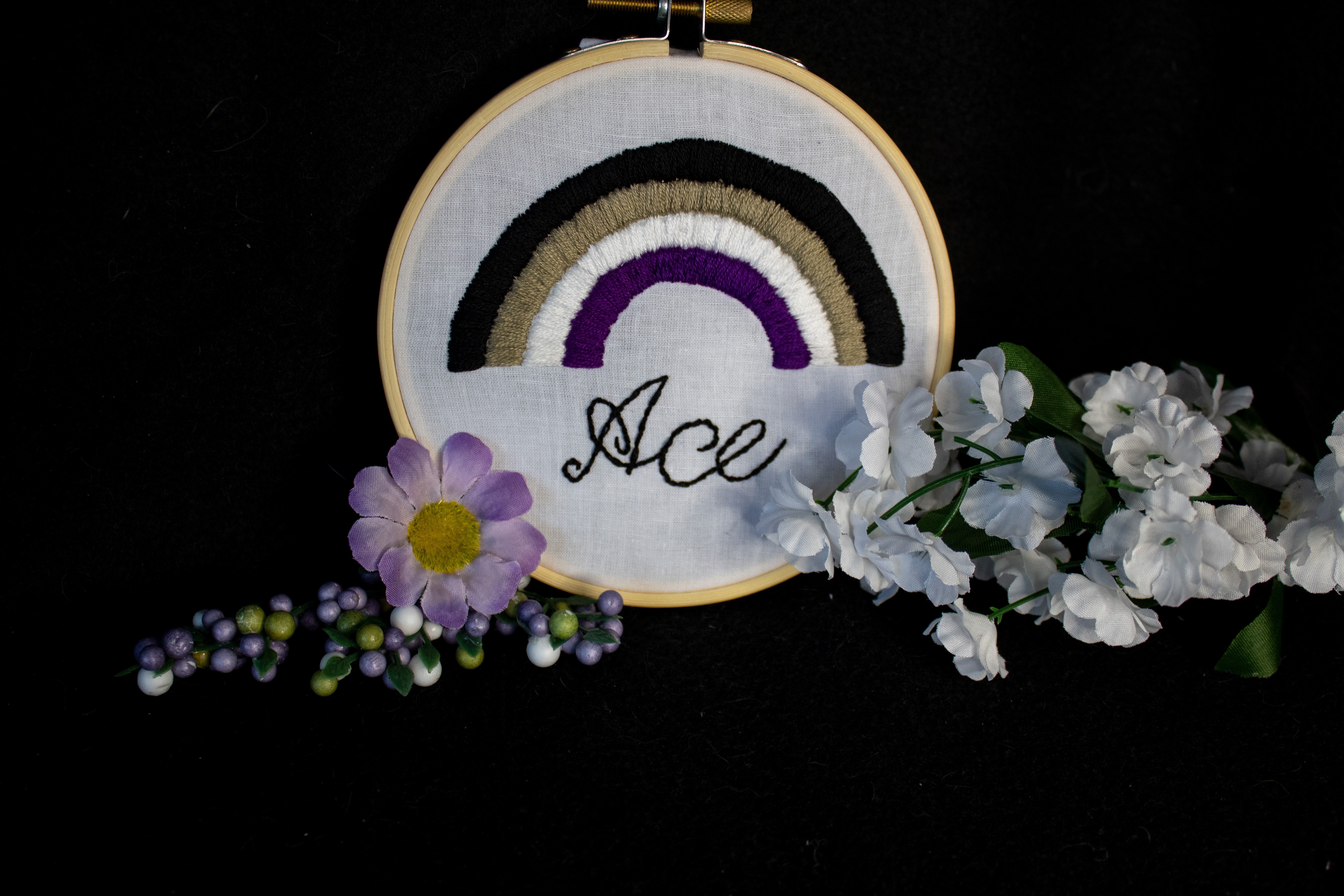 Product image of the ace ebroidery set against a black backdrop, with a sprig of white flowers resting on one side, and a sprif og green and purple buds and one purple flower on the other side