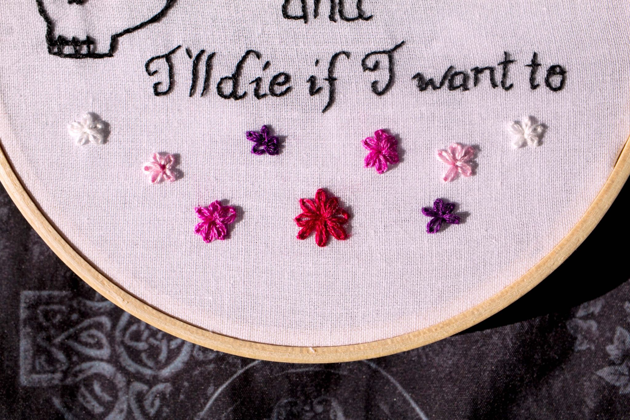 Image of a close up on small embroidered flowers