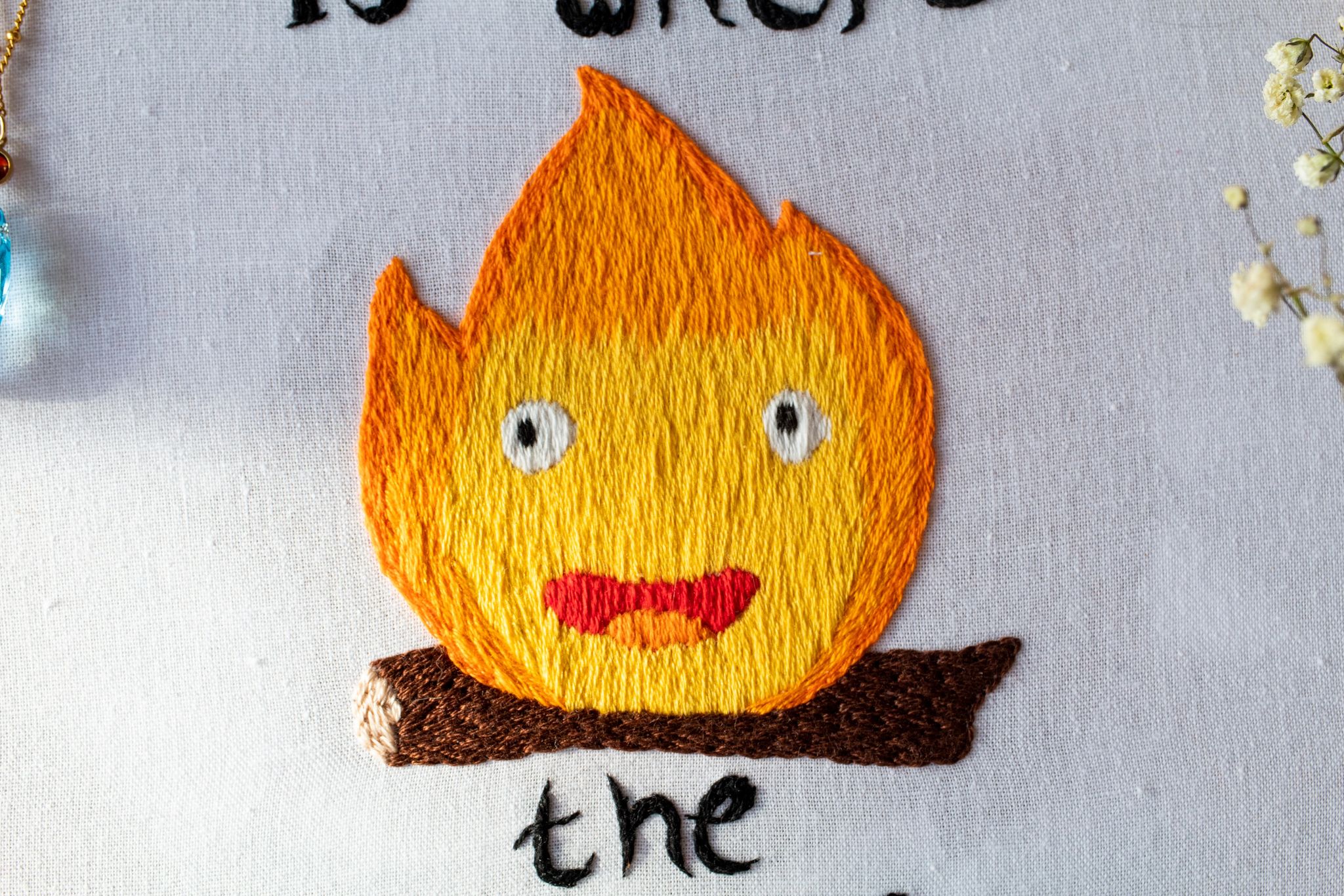 Product image of Calcifer embroidery, close-up on Calcifer