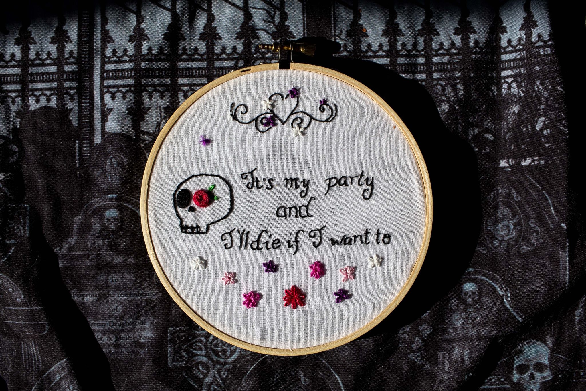 Product image of "It's MY Party" embroidery on  a cemetery backdrop